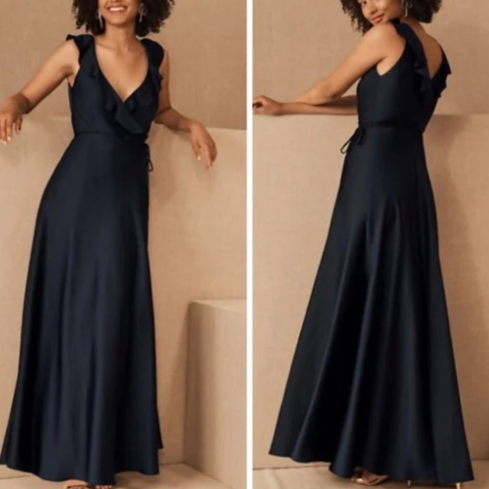 BHLDN Anthropologie Tansy Satin Charmeuse 14 Black Ruffled Tie Closure Maxi Gown